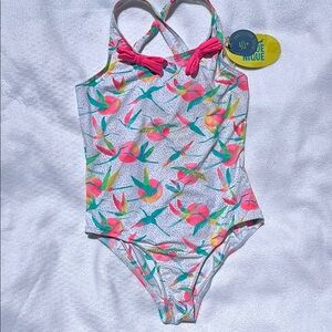 Pink and Green One Piece Swimwear with Tropical Print